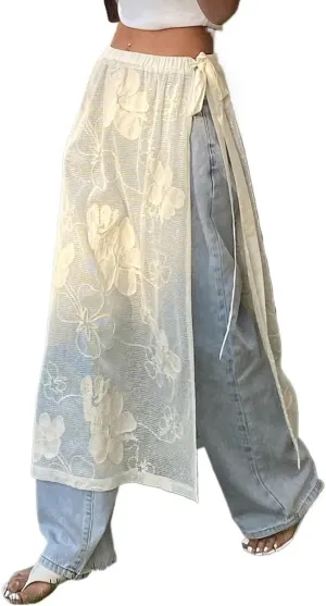 Women's Maxi Skirt Summer Midi Begonia Lace Tie Drawstring Slit Butt Curtain Skirt