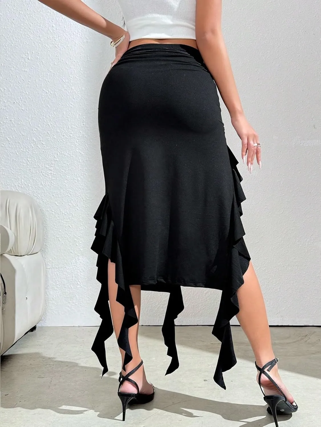 Women's Maxi Skirt Summer Midi High Waist High Slit Sexy Ruffle Fitted Knit Skirt