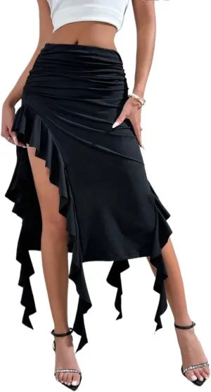 Women's Maxi Skirt Summer Midi High Waist High Slit Sexy Ruffle Fitted Knit Skirt