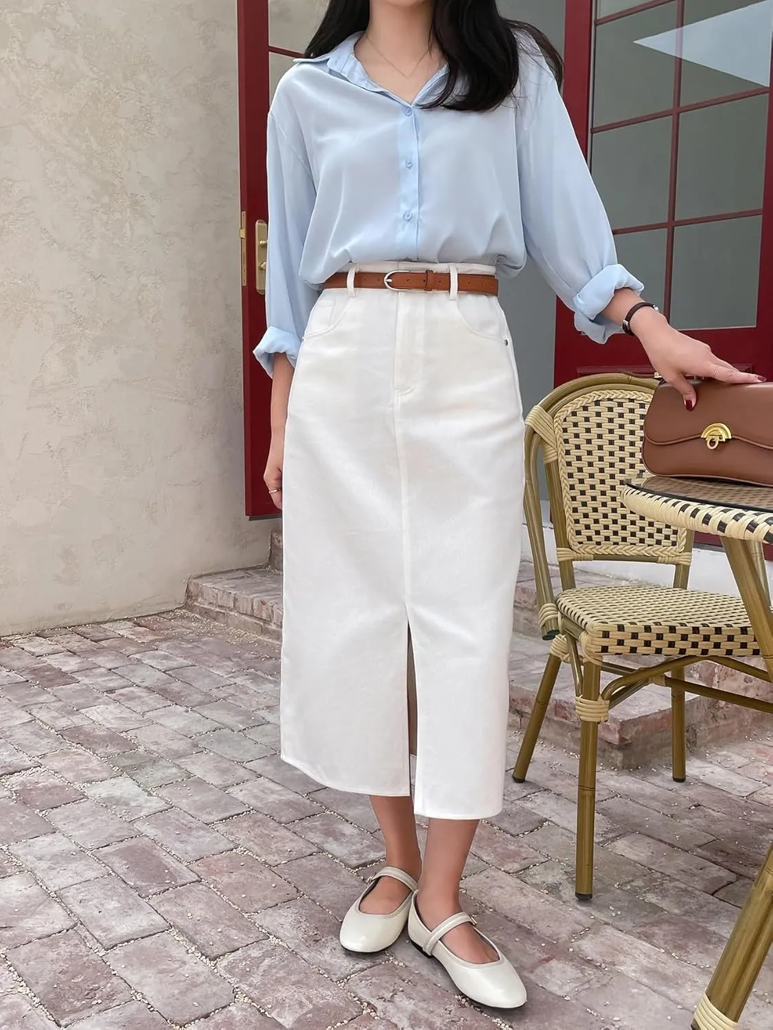 Women's Maxi Skirt Summer Midi High Waist Slit Front Straight Skirt Without Belt