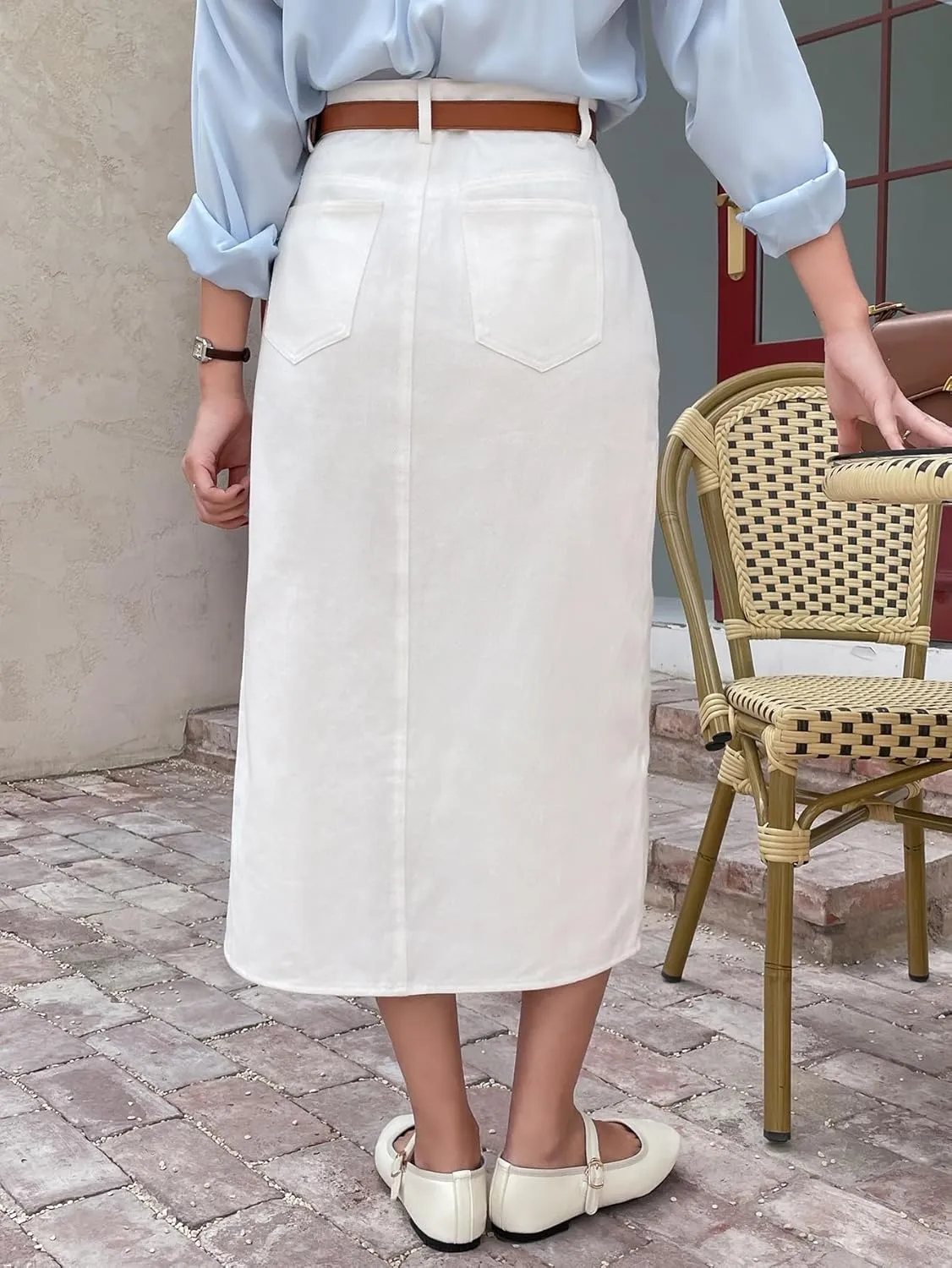 Women's Maxi Skirt Summer Midi High Waist Slit Front Straight Skirt Without Belt