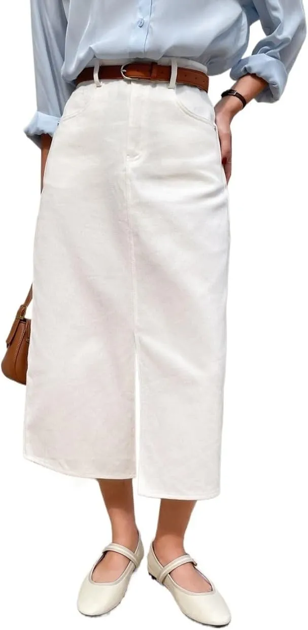 Women's Maxi Skirt Summer Midi High Waist Slit Front Straight Skirt Without Belt