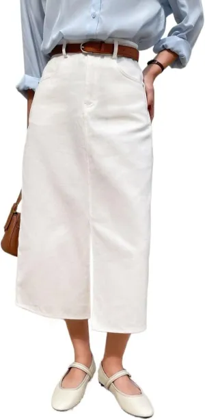 Women's Maxi Skirt Summer Midi High Waist Slit Front Straight Skirt Without Belt