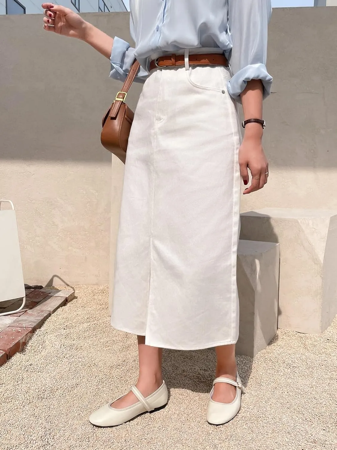 Women's Maxi Skirt Summer Midi High Waist Slit Front Straight Skirt Without Belt