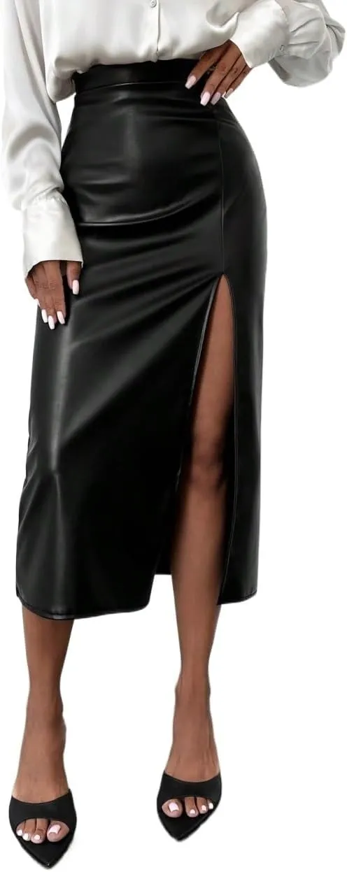 Women's Maxi Skirt Summer Midi High Waist Slit PU Skirt