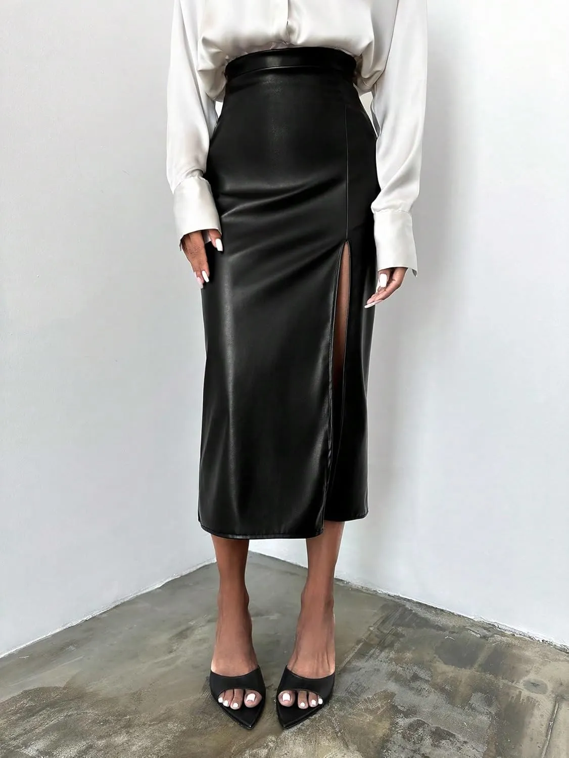 Women's Maxi Skirt Summer Midi High Waist Slit PU Skirt