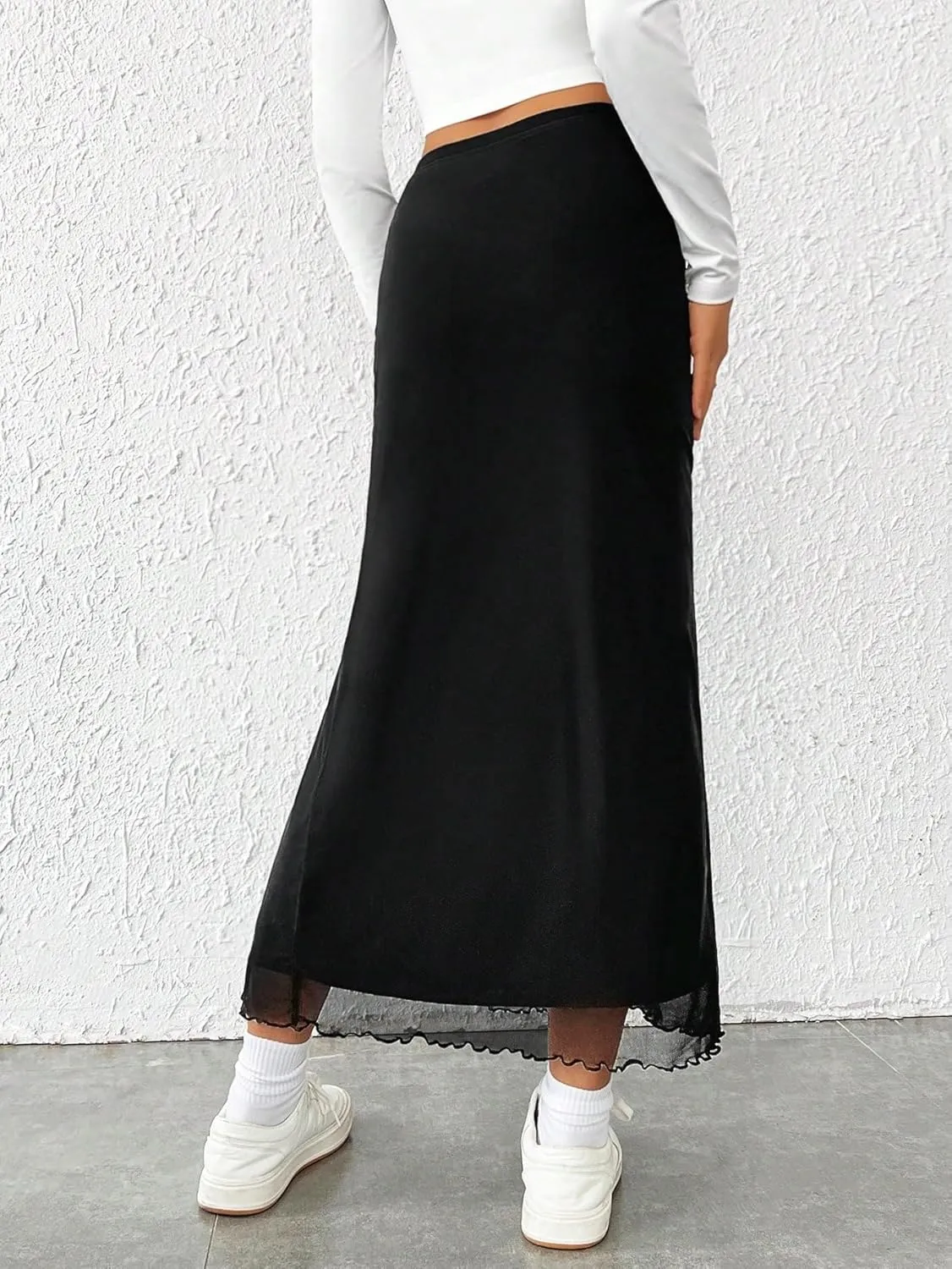 Women's Maxi Skirt Summer Midi High Waist Solid Slit Mesh Skirt