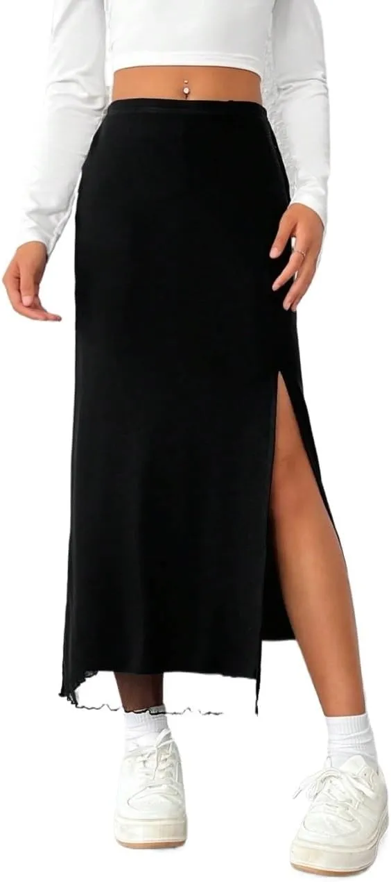 Women's Maxi Skirt Summer Midi High Waist Solid Slit Mesh Skirt
