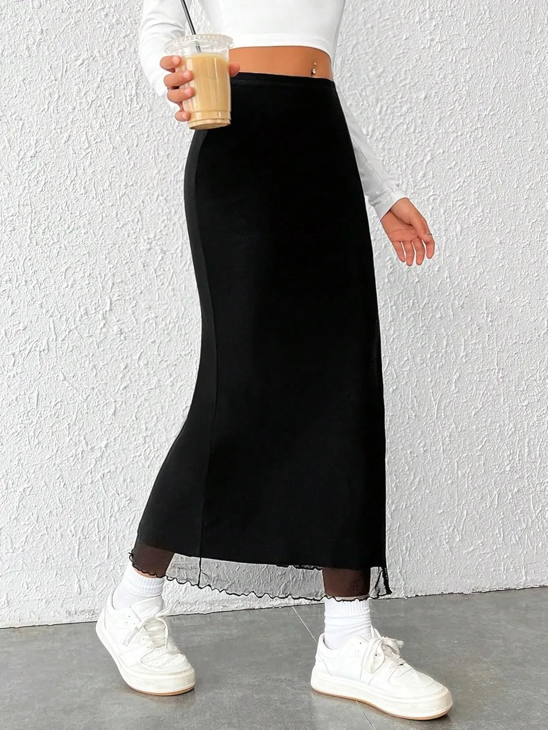 Women's Maxi Skirt Summer Midi High Waist Solid Slit Mesh Skirt