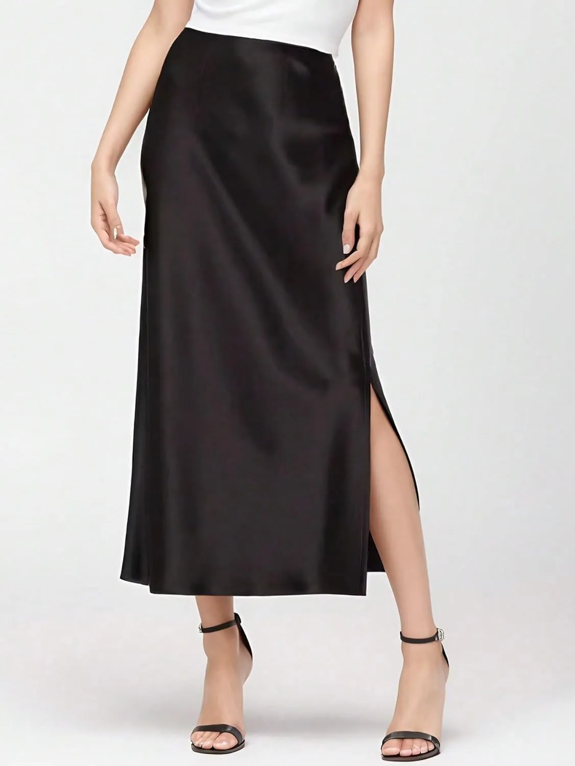 Women's Maxi Skirt Summer Satin Midi Skirt with Slit Hem Elegant High Waist