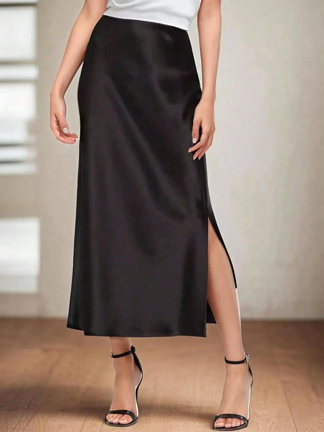 Women's Maxi Skirt Summer Satin Midi Skirt with Slit Hem Elegant High Waist