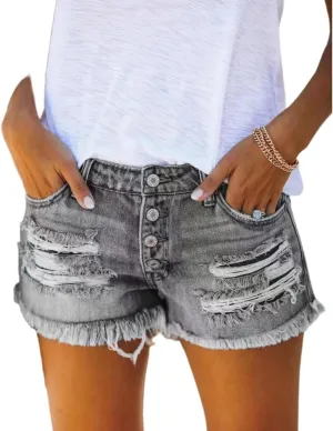 Women's Mid Waisted Denim Shorts Ripped Hem Frayed Distressed Denim Hot Short Summer Jean Shorts