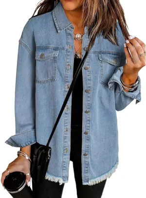 Women's Oversized Denim Jacket Casual Long Boyfriend Distressed Jean Jacket Long Sleeve Button Up Frayed Hem Shacket