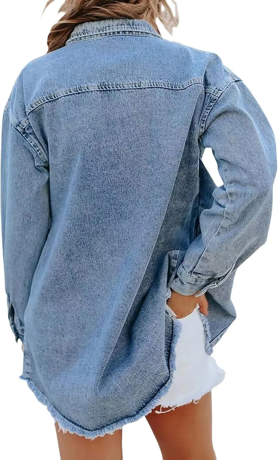 Women's Oversized Denim Jacket Casual Long Boyfriend Distressed Jean Jacket Long Sleeve Button Up Frayed Hem Shacket
