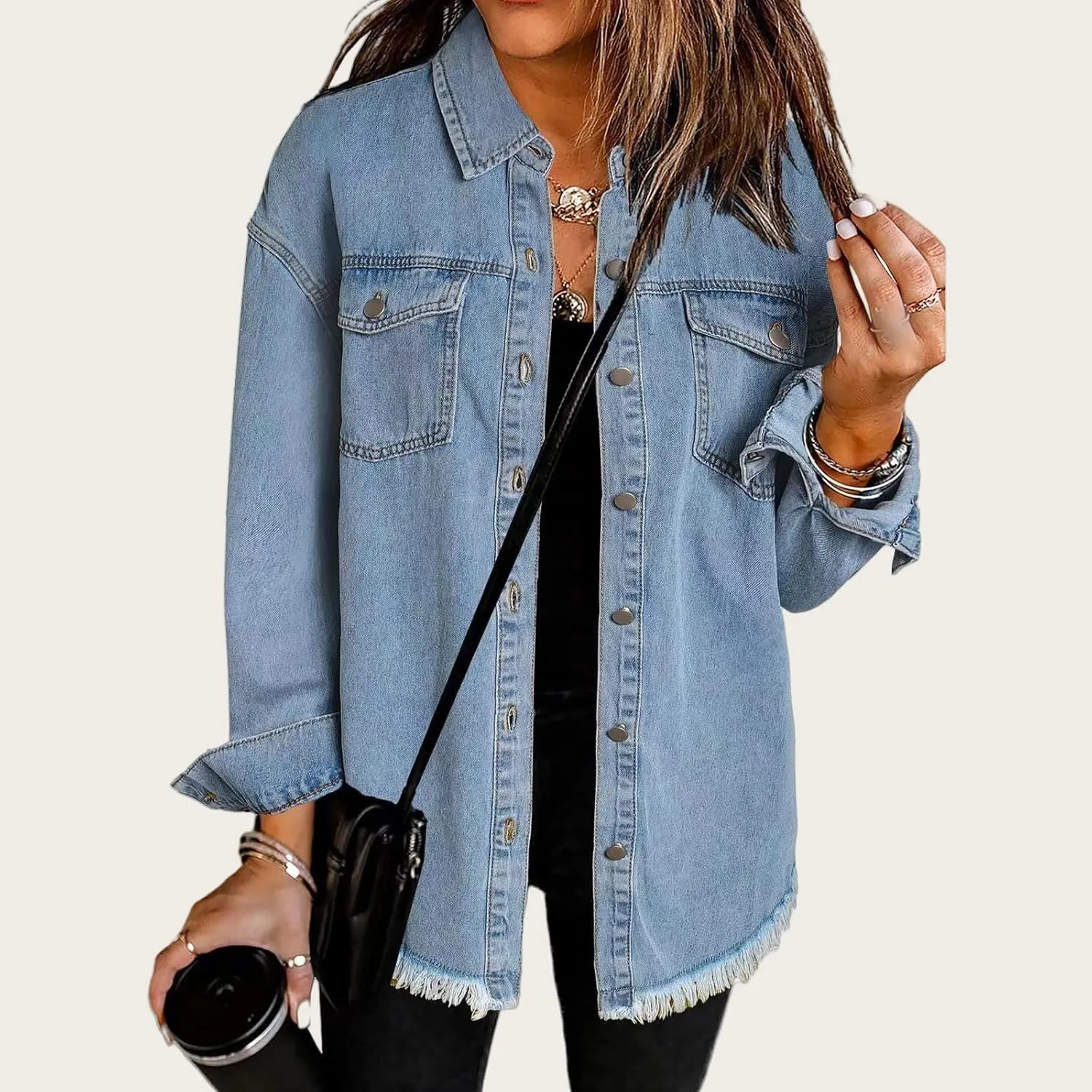 Women's Oversized Denim Jacket Casual Long Boyfriend Distressed Jean Jacket Long Sleeve Button Up Frayed Hem Shacket