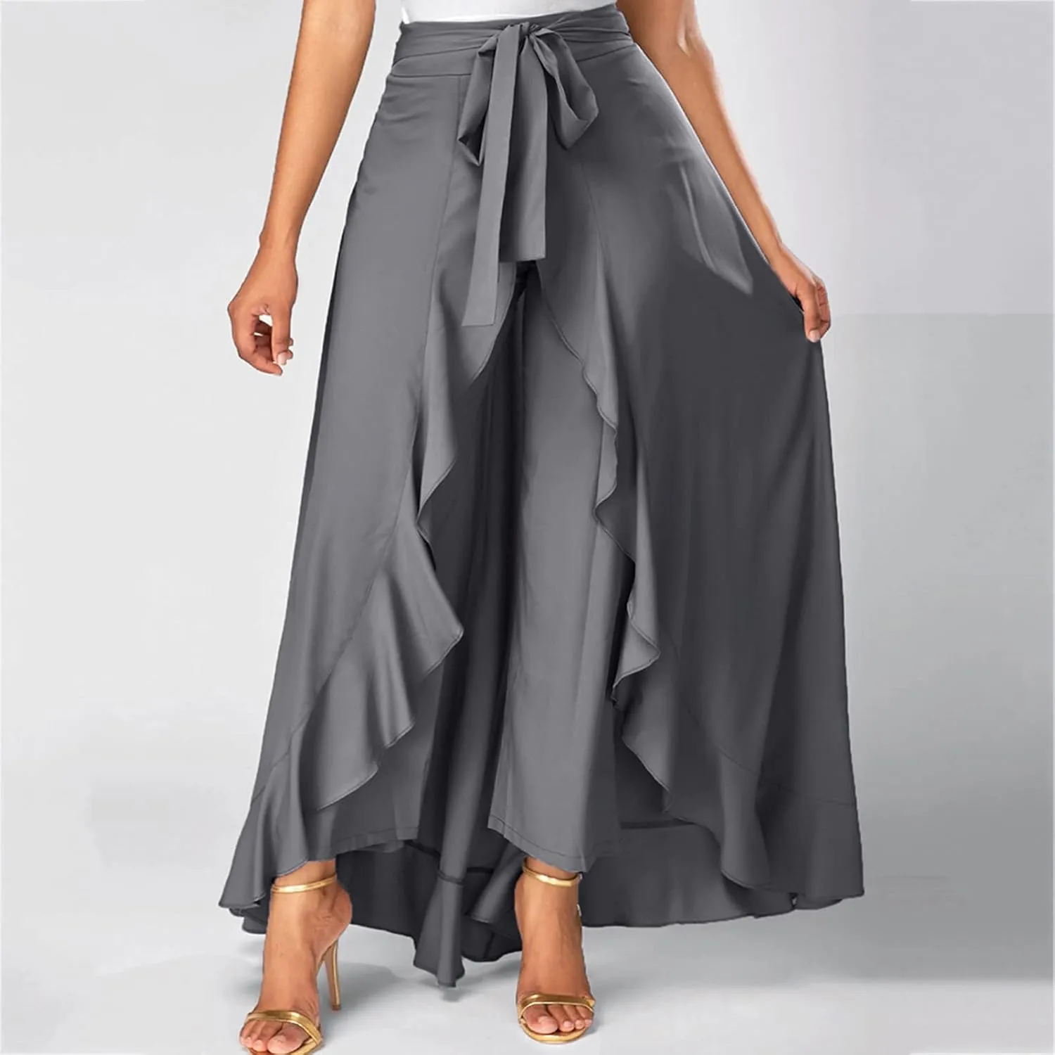 Women's Pants with Skirt Overlay Ruffle Culottes Skirt High Waisted 2 in 1 Pants Skirts Flowy Lace Up Maxi Skirt