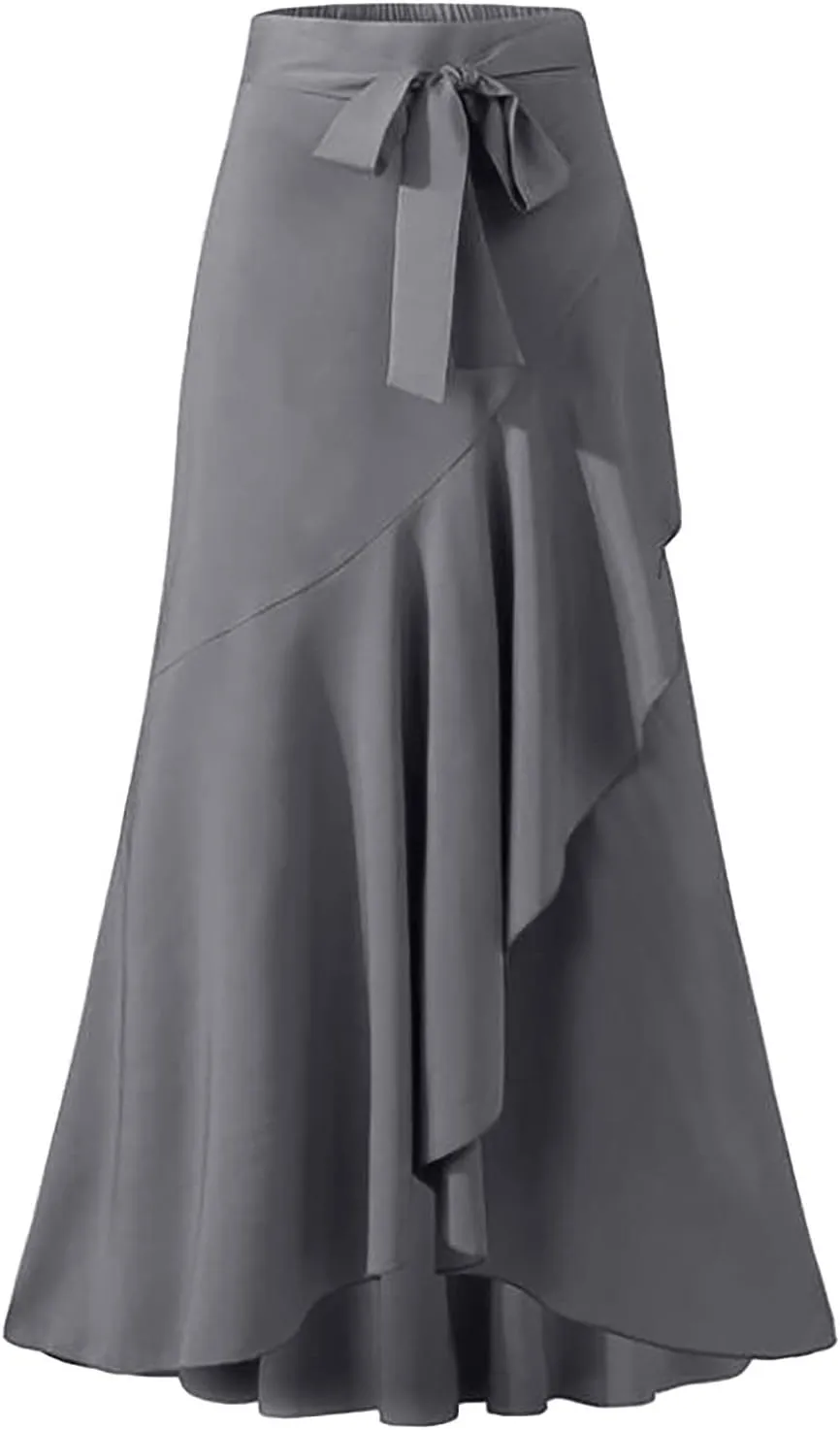Women's Pants with Skirt Overlay Ruffle Culottes Skirt High Waisted 2 in 1 Pants Skirts Flowy Lace Up Maxi Skirt