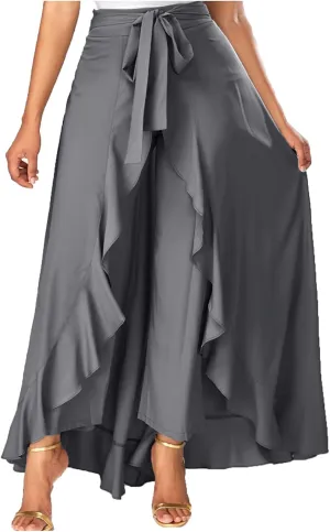 Women's Pants with Skirt Overlay Ruffle Culottes Skirt High Waisted 2 in 1 Pants Skirts Flowy Lace Up Maxi Skirt