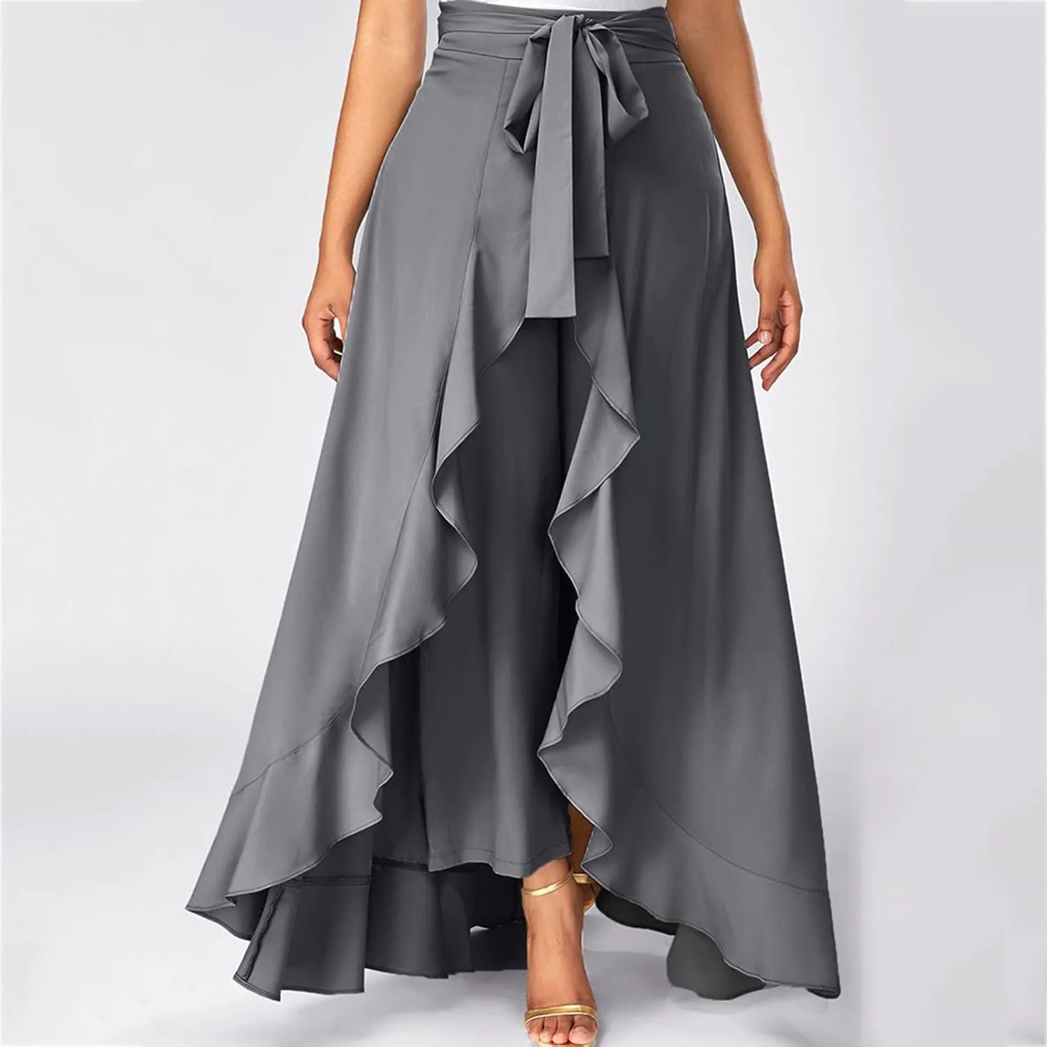 Women's Pants with Skirt Overlay Ruffle Culottes Skirt High Waisted 2 in 1 Pants Skirts Flowy Lace Up Maxi Skirt