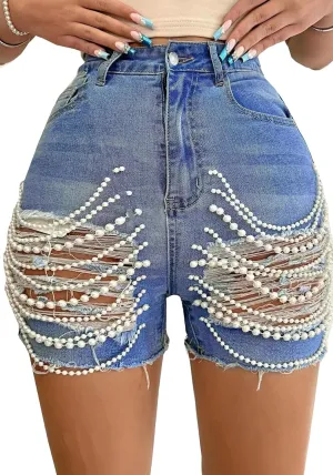 Women's Pearls Chain Denim Shorts Ripped Distressed Jean Shorts with Pockets
