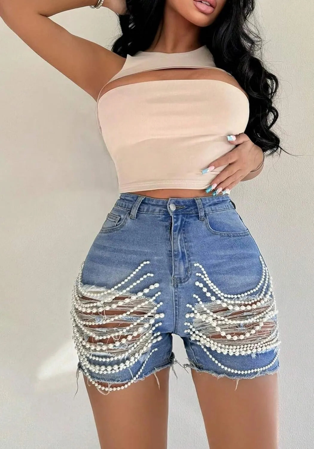 Women's Pearls Chain Denim Shorts Ripped Distressed Jean Shorts with Pockets
