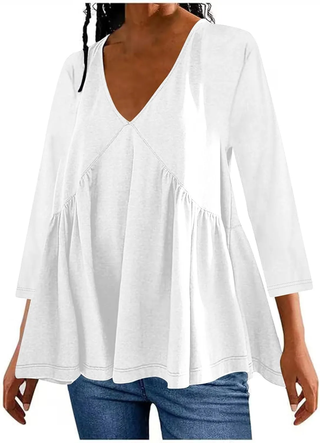 Womens Plus Size Tops 3/4 Sleeve Shirt Casual V Neck Pleated Flowy T Shirt Loose Fit Tunic Blouses Maternity Wear