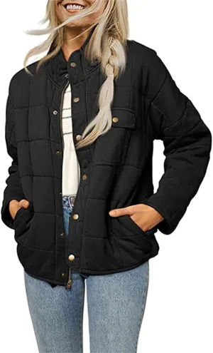 Women's Puffer Jacket Oversized Diamond Quilted Jackets Lightweight Lapel Button Down Padded Coat Warm Outwear Pockets