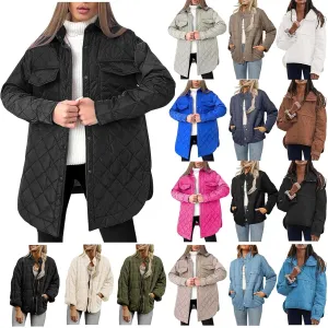 Women's Puffer Jacket Oversized Diamond Quilted Jackets Lightweight Lapel Button Down Padded Coat Warm Outwear Pockets