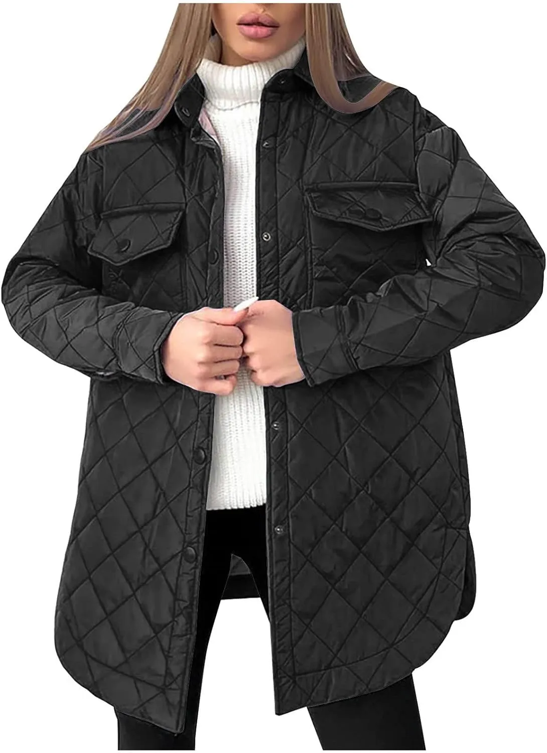 Women's Puffer Jacket Oversized Diamond Quilted Jackets Lightweight Lapel Button Down Padded Coat Warm Outwear Pockets