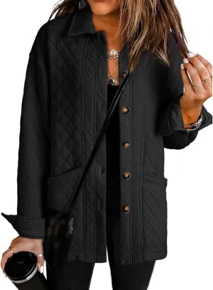 Womens Quilted Jackets Lightweight Button Down Collared Shirts Casual Long Sleeve Winter Coats Boyfriend Tops