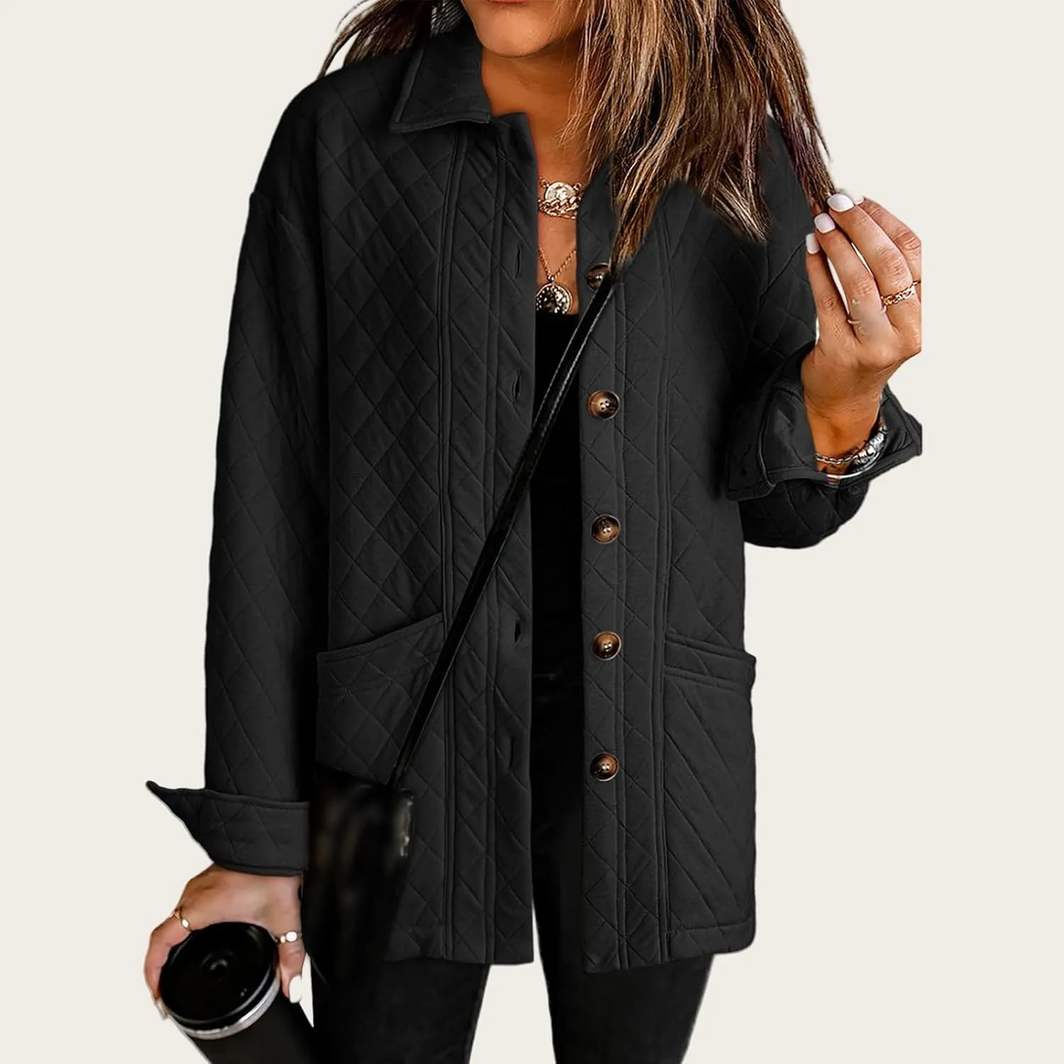 Womens Quilted Jackets Lightweight Button Down Collared Shirts Casual Long Sleeve Winter Coats Boyfriend Tops