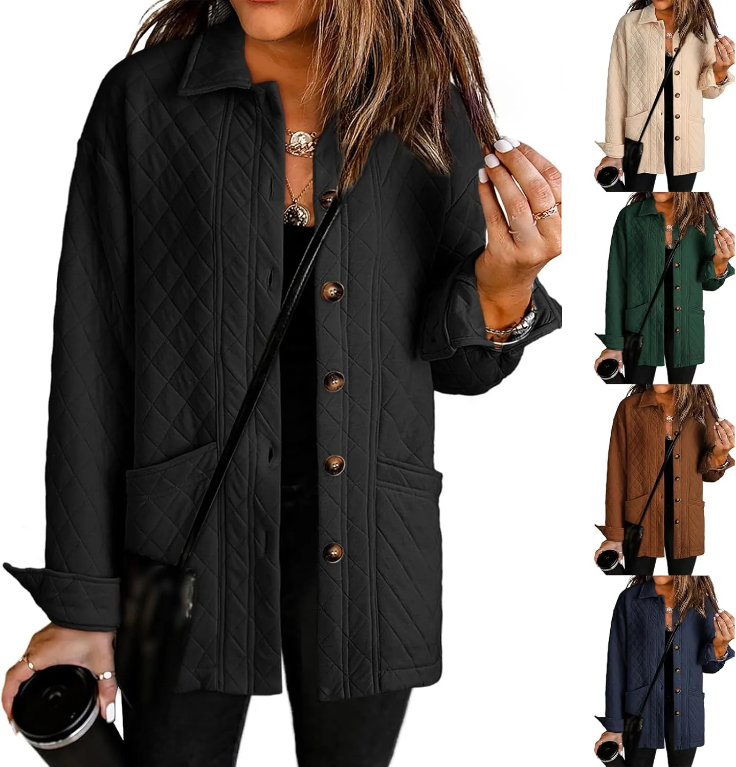 Womens Quilted Jackets Lightweight Button Down Collared Shirts Casual Long Sleeve Winter Coats Boyfriend Tops