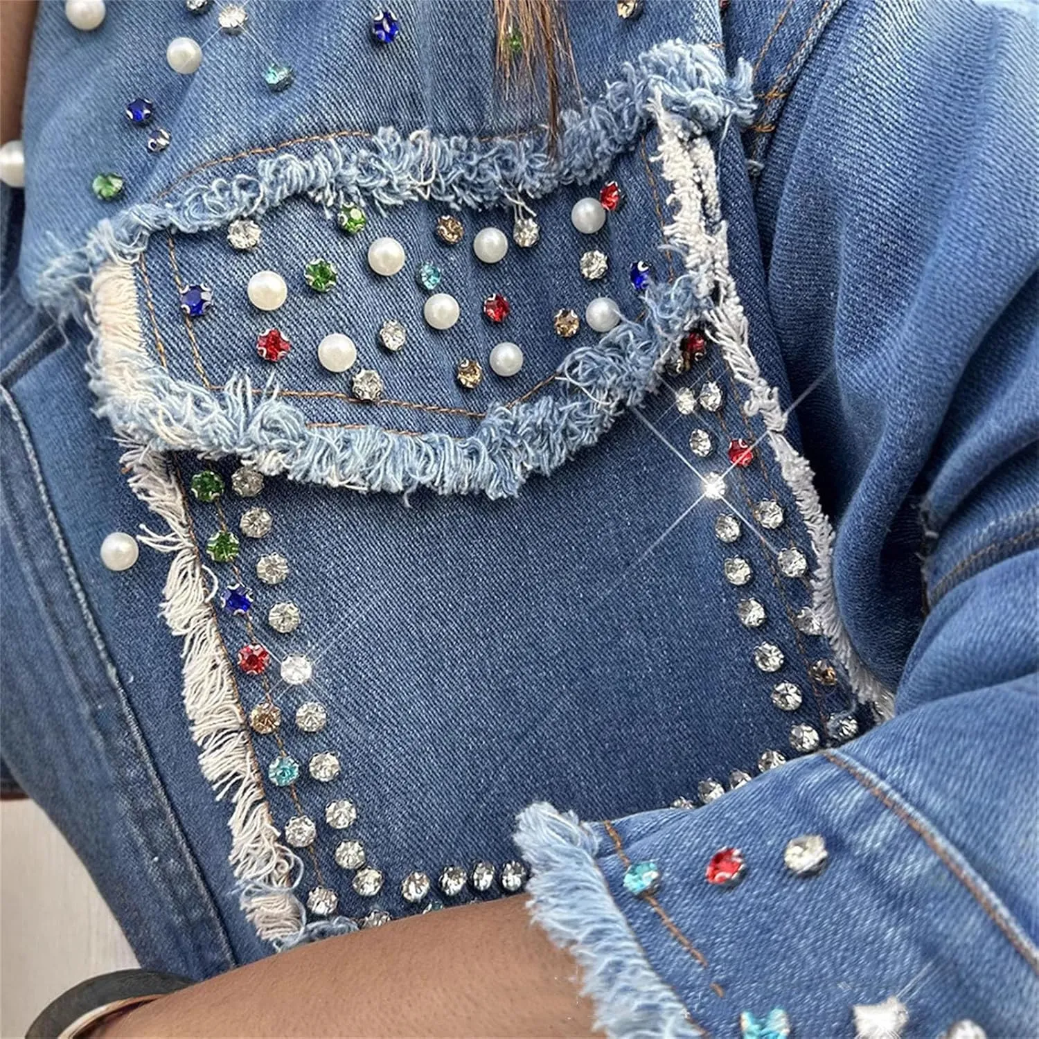 Women's Rhinestone Long Sleeve Denim Shirt 2025 Spring Front Button Tassel Design Jean Blouse with Pocket