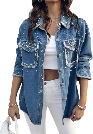 Women's Rhinestone Long Sleeve Denim Shirt 2025 Spring Front Button Tassel Design Jean Blouse with Pocket