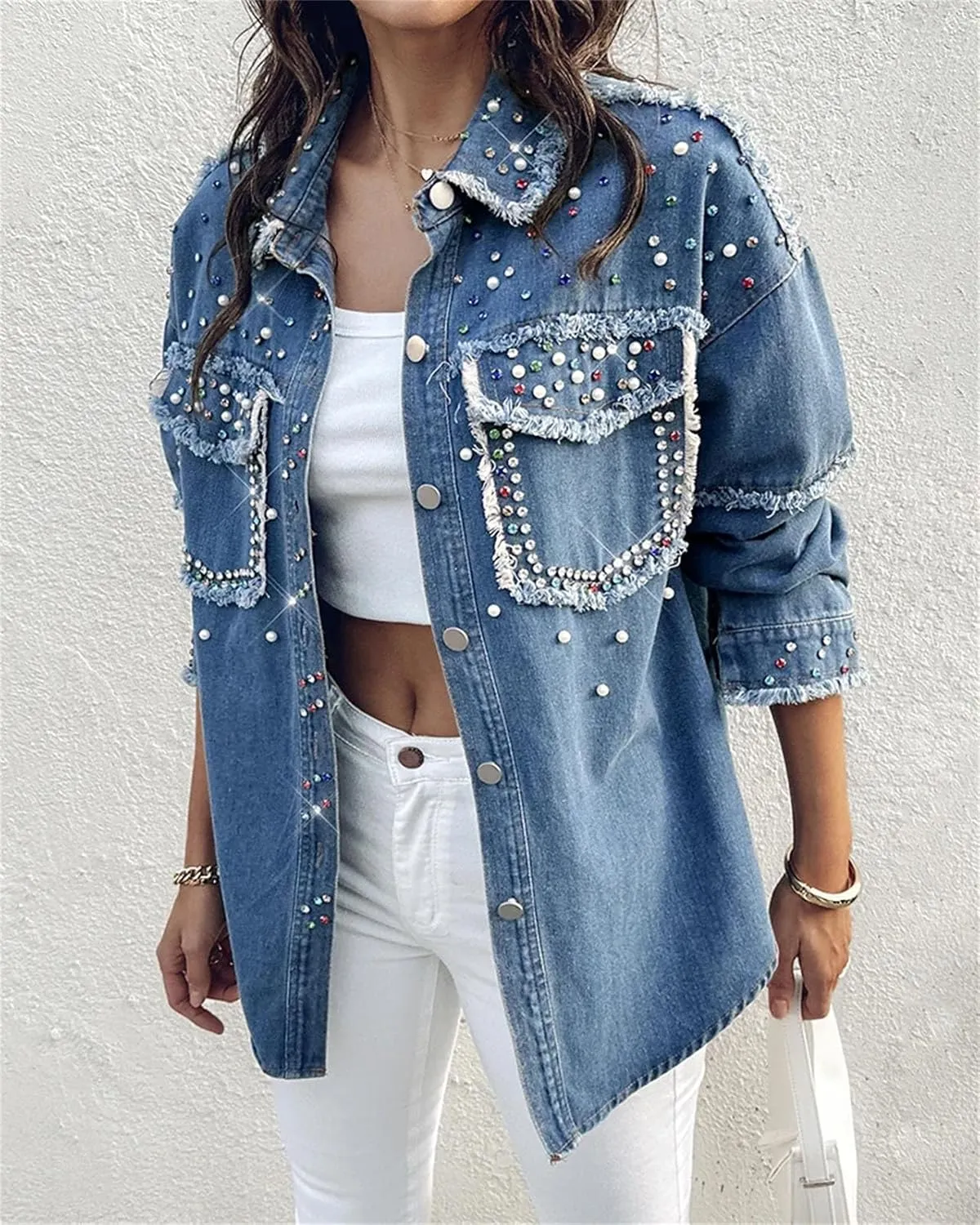 Women's Rhinestone Long Sleeve Denim Shirt 2025 Spring Front Button Tassel Design Jean Blouse with Pocket