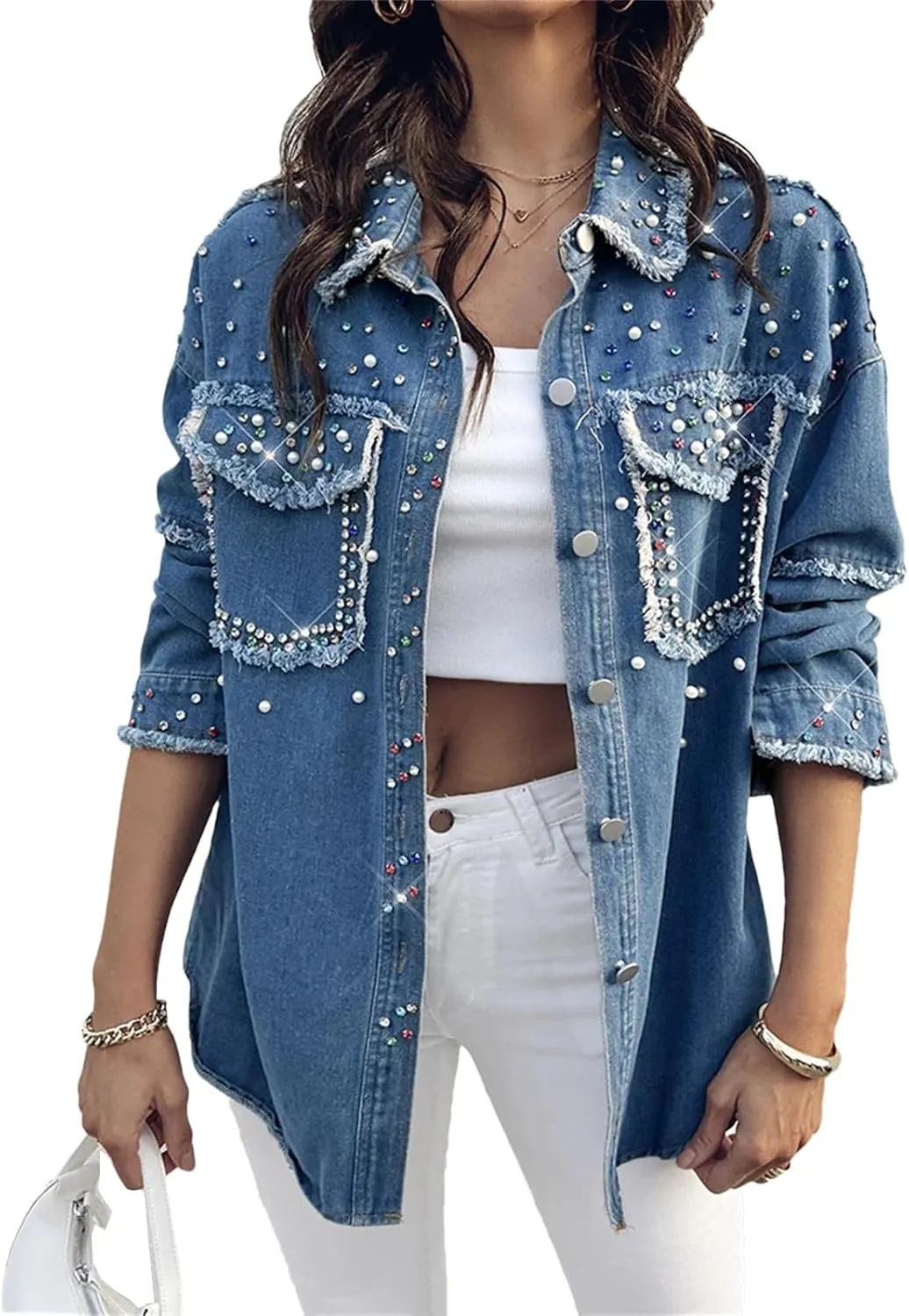 Women's Rhinestone Long Sleeve Denim Shirt 2025 Spring Front Button Tassel Design Jean Blouse with Pocket