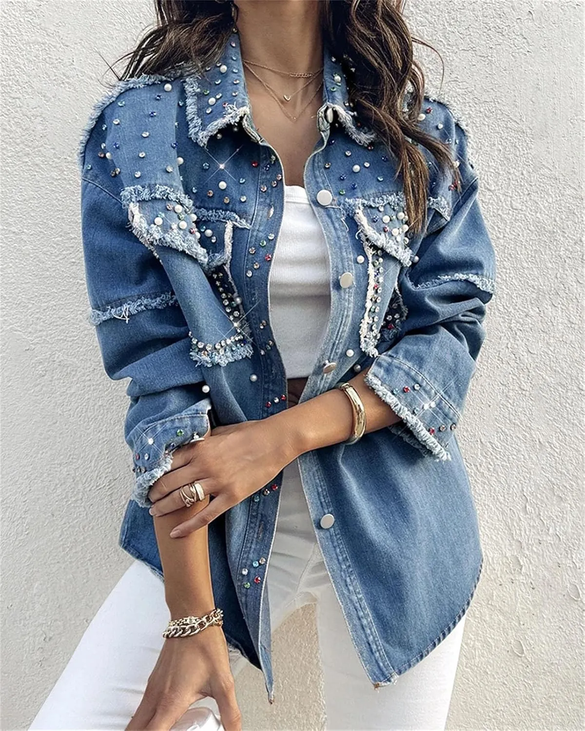 Women's Rhinestone Long Sleeve Denim Shirt 2025 Spring Front Button Tassel Design Jean Blouse with Pocket