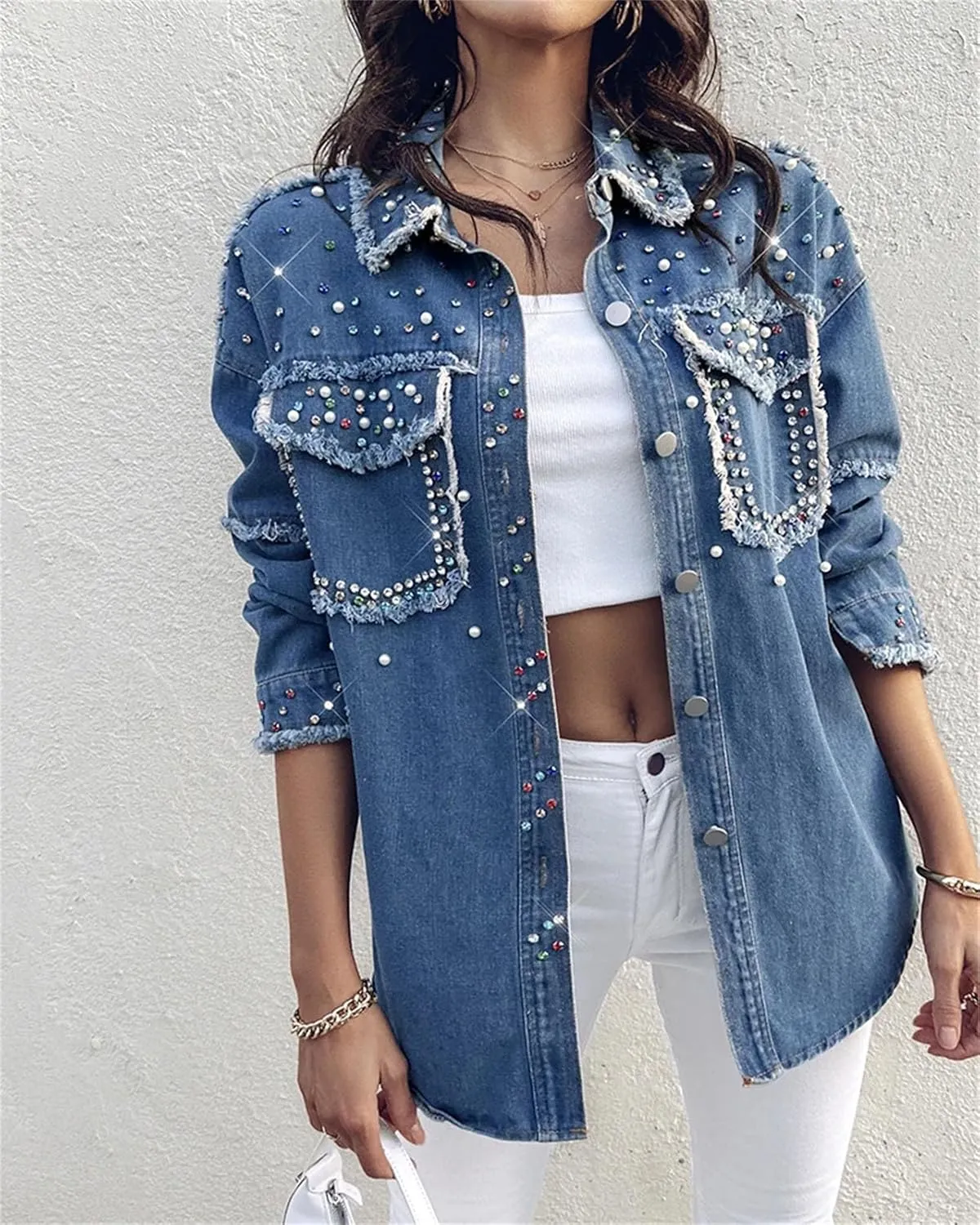 Women's Rhinestone Long Sleeve Denim Shirt 2025 Spring Front Button Tassel Design Jean Blouse with Pocket