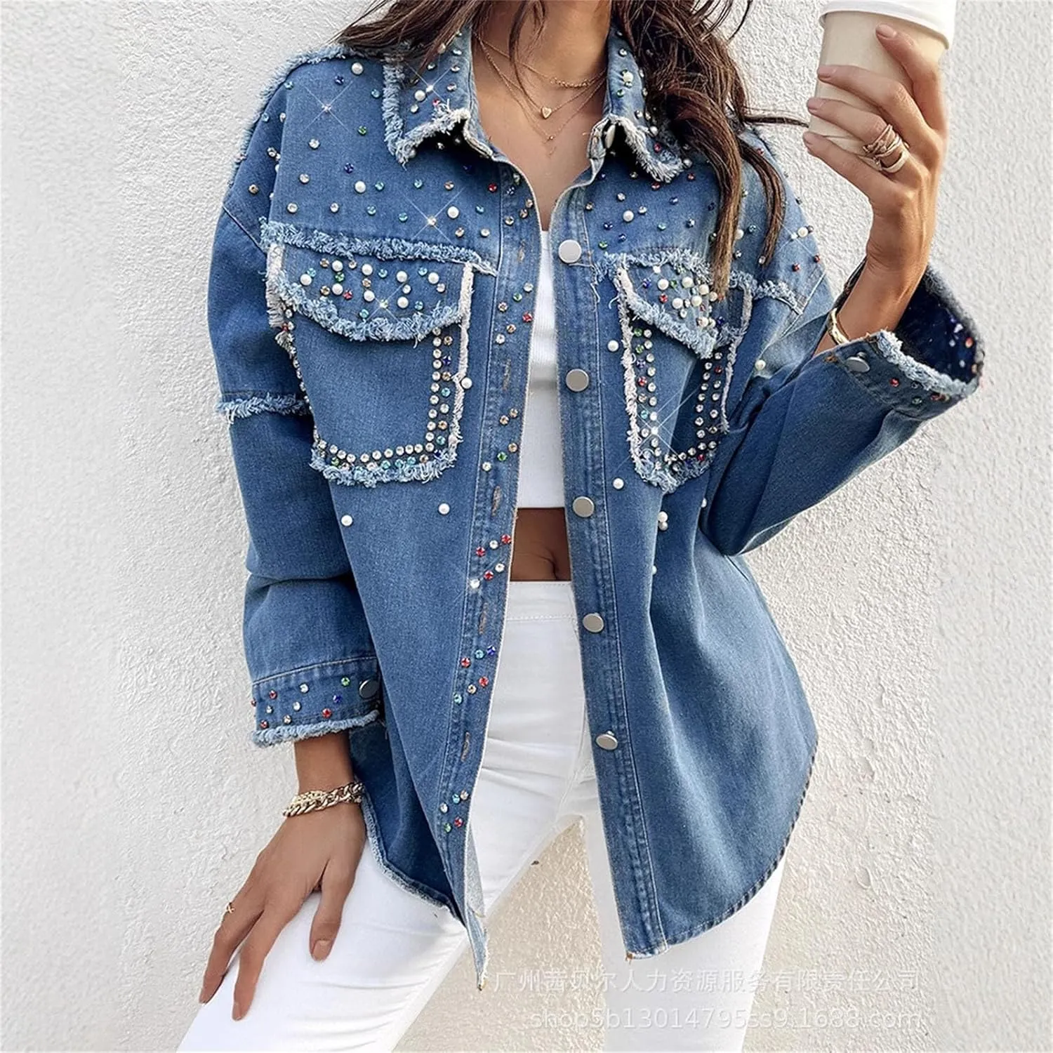 Women's Rhinestone Long Sleeve Denim Shirt 2025 Spring Front Button Tassel Design Jean Blouse with Pocket
