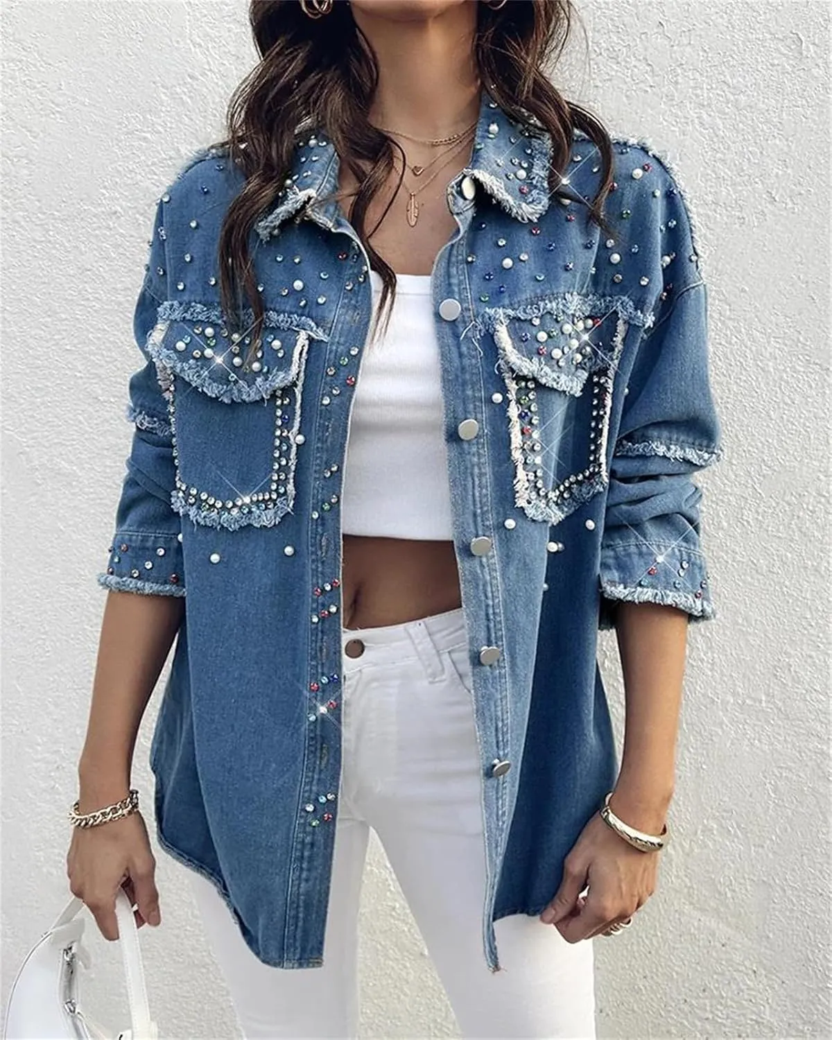 Women's Rhinestone Long Sleeve Denim Shirt 2025 Spring Front Button Tassel Design Jean Blouse with Pocket