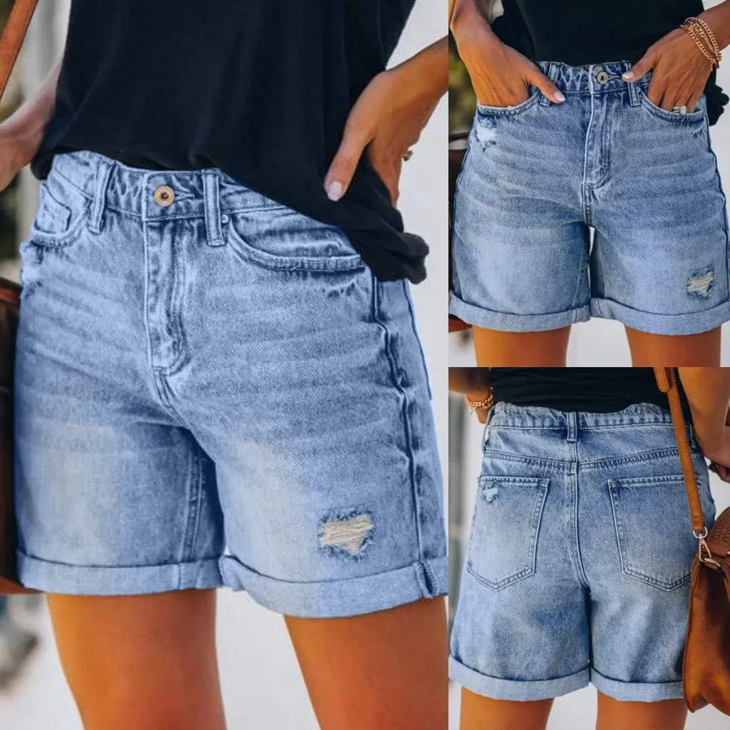 Women's Ripped Denim Shorts with Pockets High Waisted Folded Hem Jean Shorts Trendy Summer Casual Stretchy Bottoms Outfits