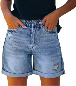 Women's Ripped Denim Shorts with Pockets High Waisted Folded Hem Jean Shorts Trendy Summer Casual Stretchy Bottoms Outfits