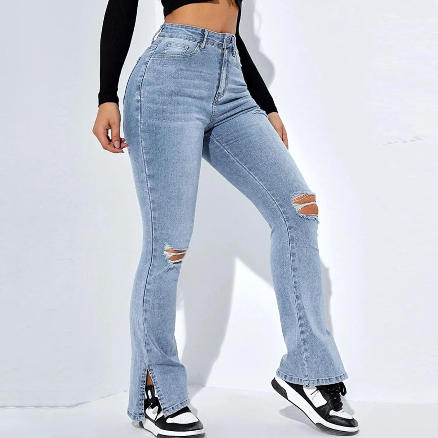 Women's Ripped Jeans Straight Leg Distressed Boyfriend Denim Pants Mid Waisted Straight Ankle Jean Trendy 2024