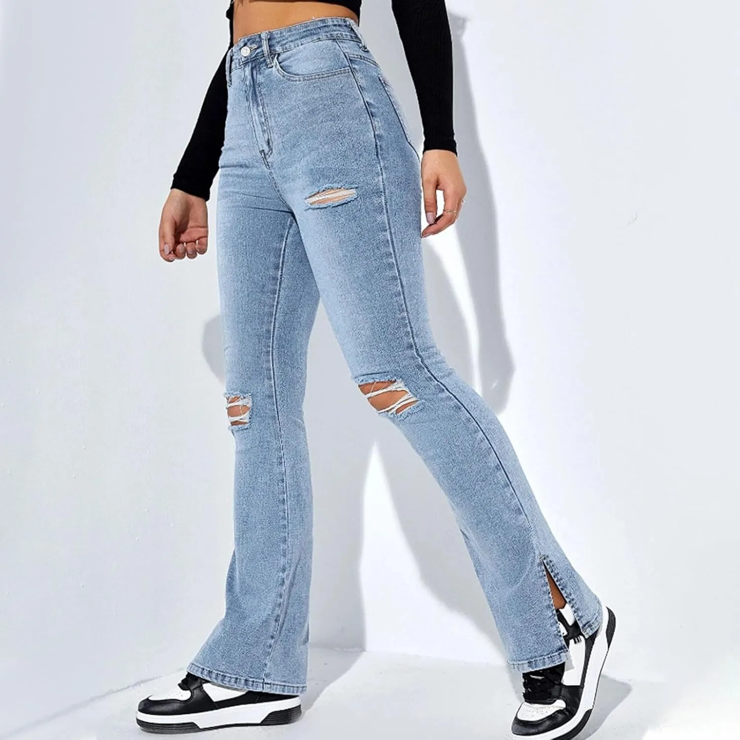 Women's Ripped Jeans Straight Leg Distressed Boyfriend Denim Pants Mid Waisted Straight Ankle Jean Trendy 2024