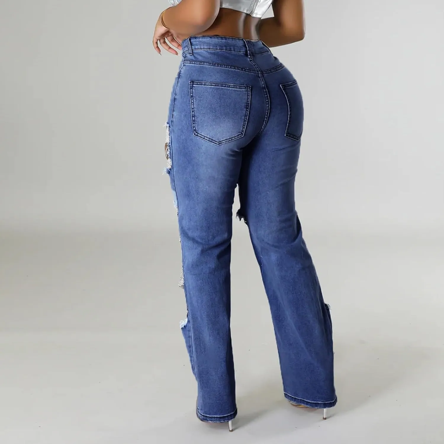 Womens Sexy Ripped Jeans High Waisted Rhinestones Pearl Chains Distressed Clubwear Denim Pants Fashion Streetwear