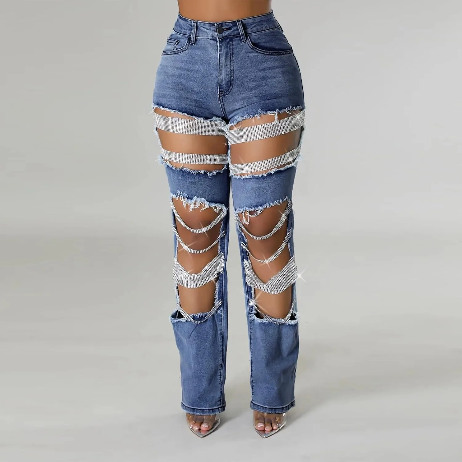 Womens Sexy Ripped Jeans High Waisted Rhinestones Pearl Chains Distressed Clubwear Denim Pants Fashion Streetwear