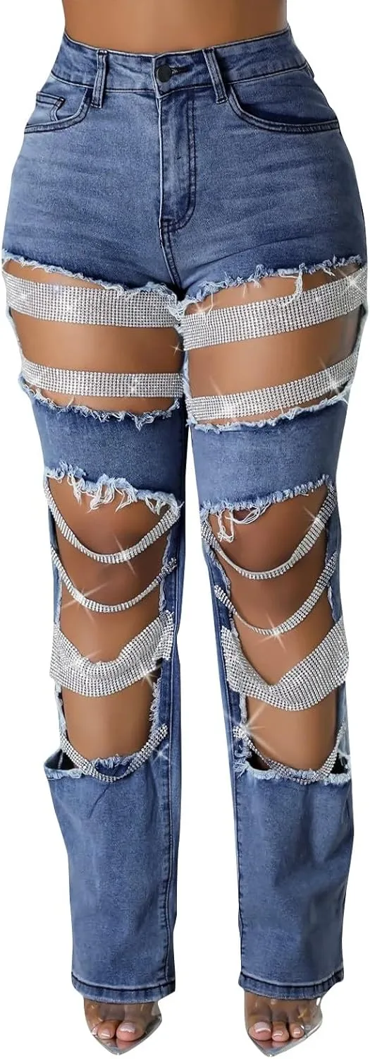 Womens Sexy Ripped Jeans High Waisted Rhinestones Pearl Chains Distressed Clubwear Denim Pants Fashion Streetwear