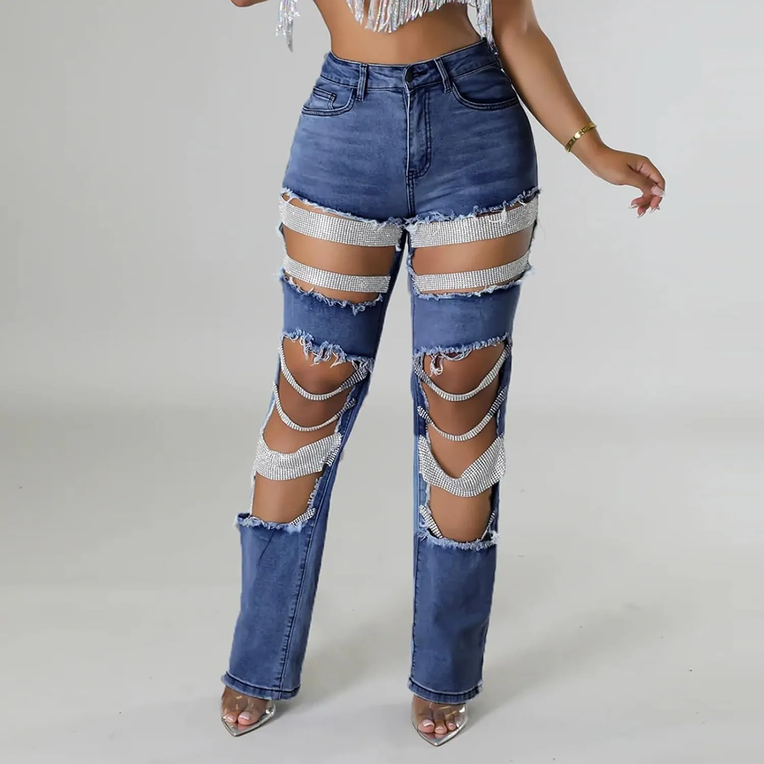 Womens Sexy Ripped Jeans High Waisted Rhinestones Pearl Chains Distressed Clubwear Denim Pants Fashion Streetwear