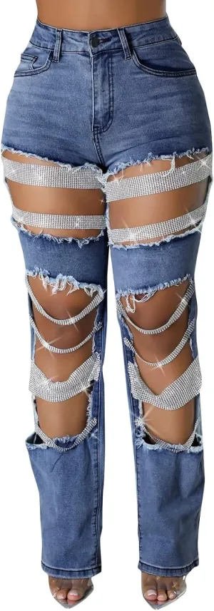 Womens Sexy Ripped Jeans High Waisted Rhinestones Pearl Chains Distressed Clubwear Denim Pants Fashion Streetwear