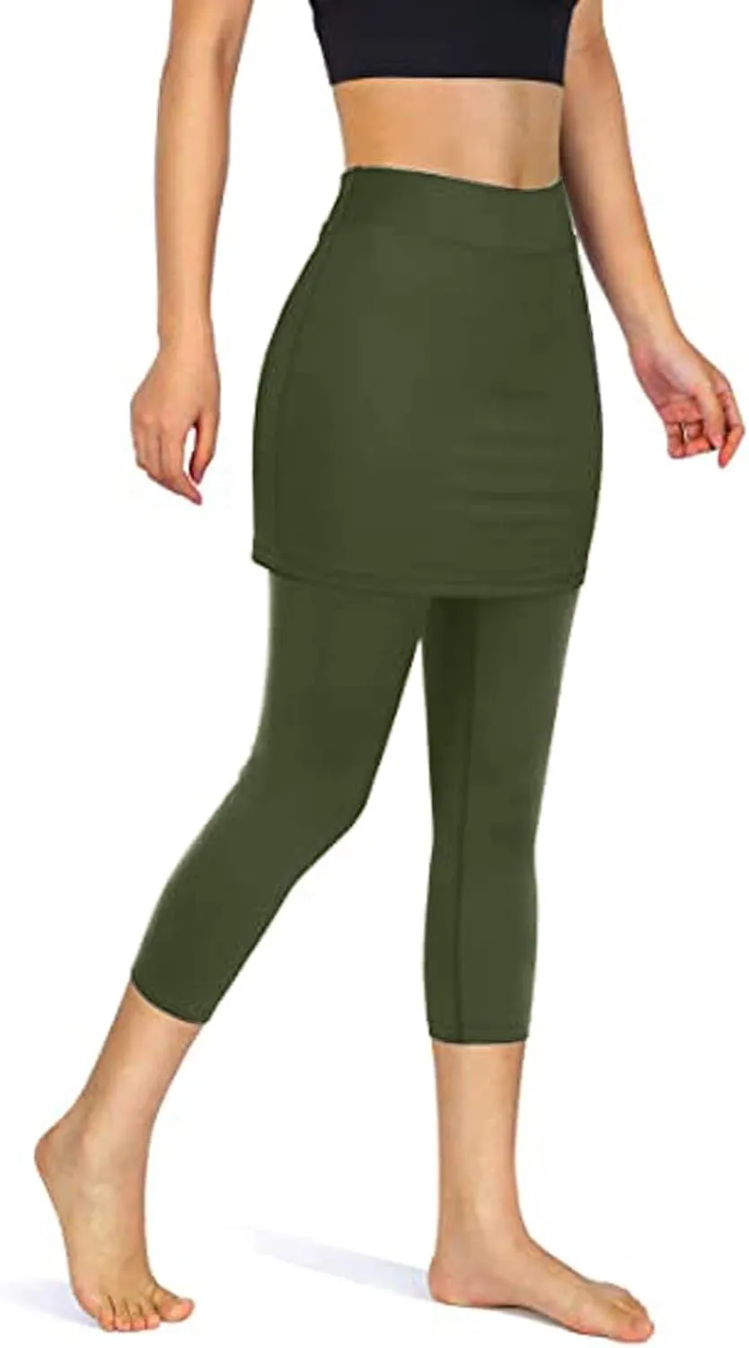 Womens Skirted Leggings with Tummy Control High Waist Athletic Workout Yoga Pants Fitness Tennis Skirt Sport Tights